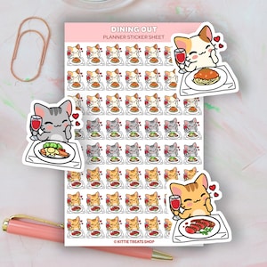 May include: A sheet of planner stickers featuring adorable cartoon cats enjoying a meal. The stickers are designed with a variety of cat expressions and poses, including cats holding wine glasses and plates of food. The text "DINING OUT PLANNER STICKER SHEET" is printed at the top of the sheet. The text "KITTIE TREATS SHOP" is printed at the bottom of the sheet.