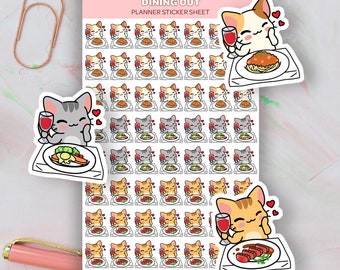 Könnte beinhalten: Eine Planer-Sticker-Tabelle mit niedlichen Cartoon-Katzen, die ein Essen genießen. Die Sticker sind mit verschiedenen Katzen-Ausdrücken und Posen gestaltet, darunter Katzen, die Weingläser und Teller mit Essen halten. Der Text "DINING OUT PLANNER STICKER SHEET" ist oben auf der Tabelle gedruckt. Der Text "KITTIE TREATS SHOP" ist unten auf der Tabelle gedruckt.