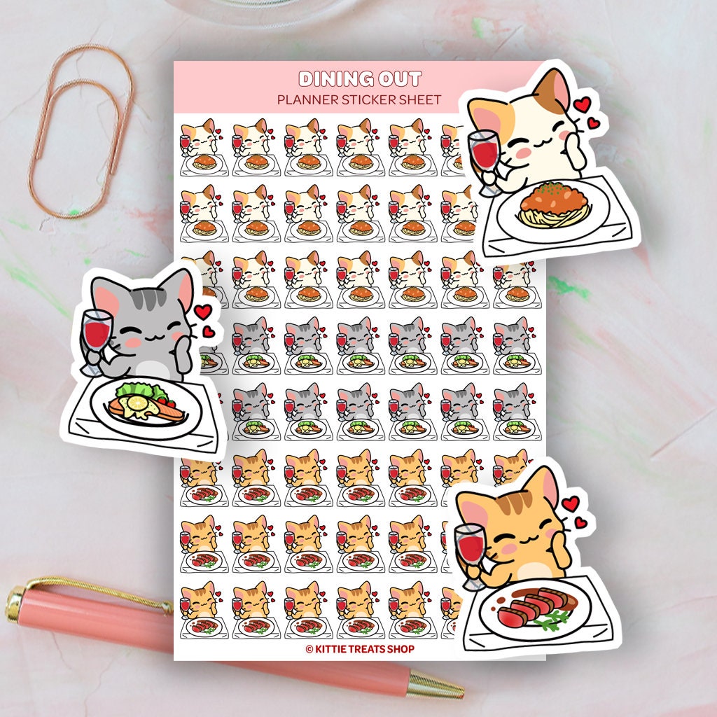 Pinterest Eating Sticker Kawaii Cat Dining Out Planner Sticker, Dining Out Reminders, Cute ...