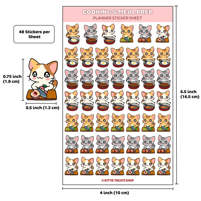 May include: A sheet of 48 planner stickers featuring cute cartoon cats cooking and preparing meals. The stickers are 0.75 inches (1.9 cm) tall and 0.5 inches (1.3 cm) wide. The sheet is 6.5 inches (16.5 cm) tall and 4 inches (10 cm) wide.