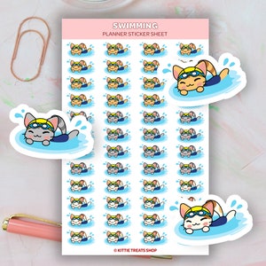 Kawaii Cat Swimming Planner Sticker, Swimming Lesson Reminders, Cute Planner Stickers, Swimming Reminder Icons for Planner, Swimming Sticker