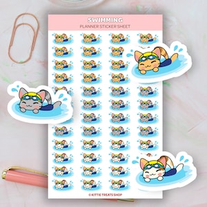 May include: A sheet of planner stickers featuring a cartoon cat wearing a swimming cap and goggles, swimming in a pool of water. The stickers are designed for use in a planner or journal.