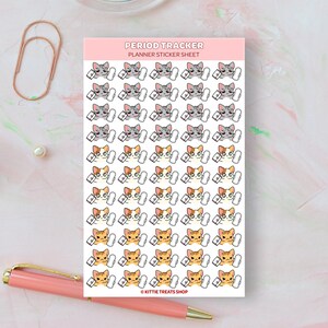 May include: A sheet of planner stickers featuring a cat holding a sanitary pad. The stickers are in various colors, including gray, orange, and white. The text "PERIOD TRACKER PLANNER STICKER SHEET" is at the top of the sheet. The text "&copy; KITTIE TREATS SHOP" is at the bottom of the sheet.