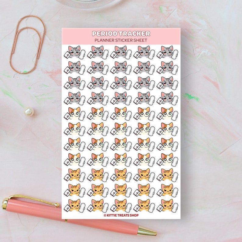 May include: A sheet of planner stickers featuring a cat holding a sanitary pad. The stickers are in various colors, including gray, orange, and white. The text "PERIOD TRACKER PLANNER STICKER SHEET" is at the top of the sheet. The text "&copy; KITTIE TREATS SHOP" is at the bottom of the sheet.