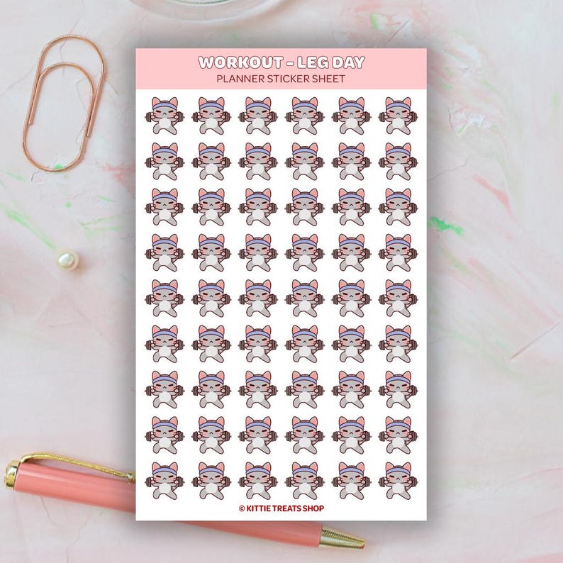Kawaii Cat Workout Leg Day Planner Stickers, Leg Day Reminders, Cute Planner Stickers, Exercise Reminder Icons for Planner, Workout Reminder Gray