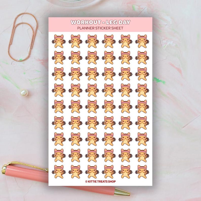 Kawaii Cat Workout Leg Day Planner Stickers, Leg Day Reminders, Cute Planner Stickers, Exercise Reminder Icons for Planner, Workout Reminder Ginger
