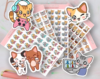 Kawaii Cat Gamer Planner Sticker Set of 5, Cute Planner Sticker Set, Reminder Icons for Planner, Gamer Planner Stickers, Gamer Sticker Set