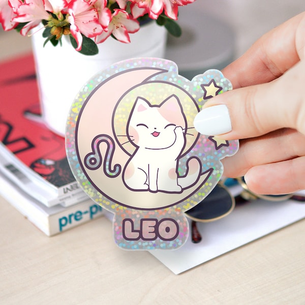 Zodiac Leo Cat Holographic Glittery Vinyl Sticker, Zodiac Stickers, Laptop Stickers, Helmet Stickers, Kawaii Stickers, Cat Sticker
