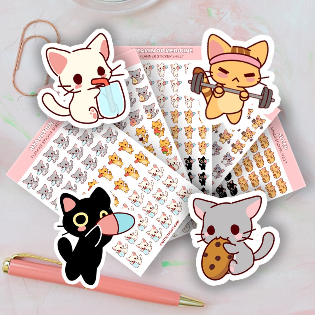 Kawaii Cat Self-care Planner Sticker Set of 5, Cute Planner Sticker Set ...