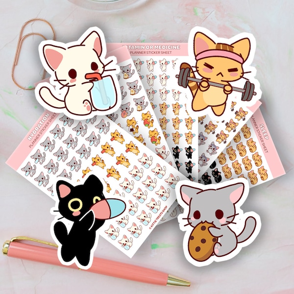 Kawaii Cat Self-Care Planner Sticker Set of 5, Cute Planner Sticker Set, Reminder Icons for Planner, Meal Planner, Hydration Reminder, Sleep