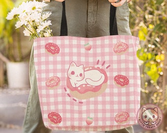 Kawaii Donut Cat Tote Bag | Cat Lover Gift | Kawaii Tote Bag | Pink Tote Bag | Shopping Bag | Reusable Bag | Grocery Bag | Canvas Tote Bag