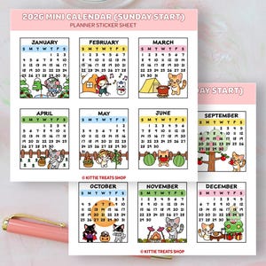 2026 Mini Monthly Calendar Planner Stickers, 2026 Calendar Stickers, Set of 12 Months Sunday Start