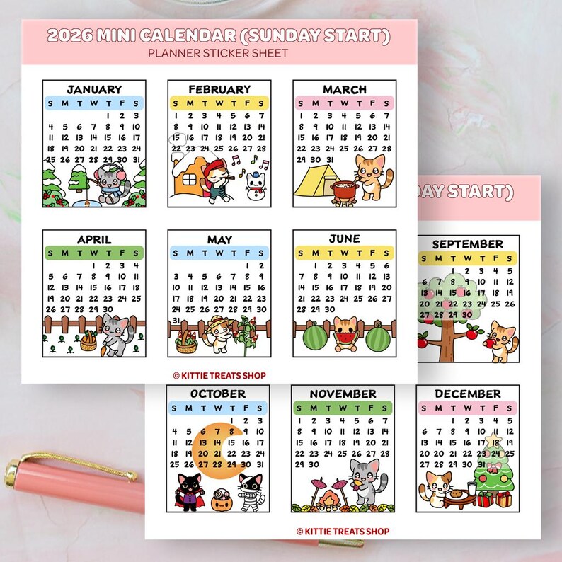 2026 Mini Monthly Calendar Planner Stickers, 2026 Calendar Stickers, Set of 12 Months Sunday Start