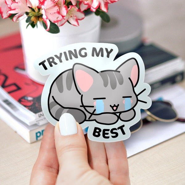 Trying My Best Glossy Vinyl Sticker, Water Bottle Sticker, Car Decal, Laptop Stickers, Helmet Stickers, Kawaii Stickers, Cat Sticker