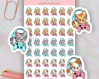 Kawaii Cat Gaming Planner Sticker, Video Game Reminders, Cute Planner Stickers, Video Game Reminder Icons for Planner, Gamer Stickers