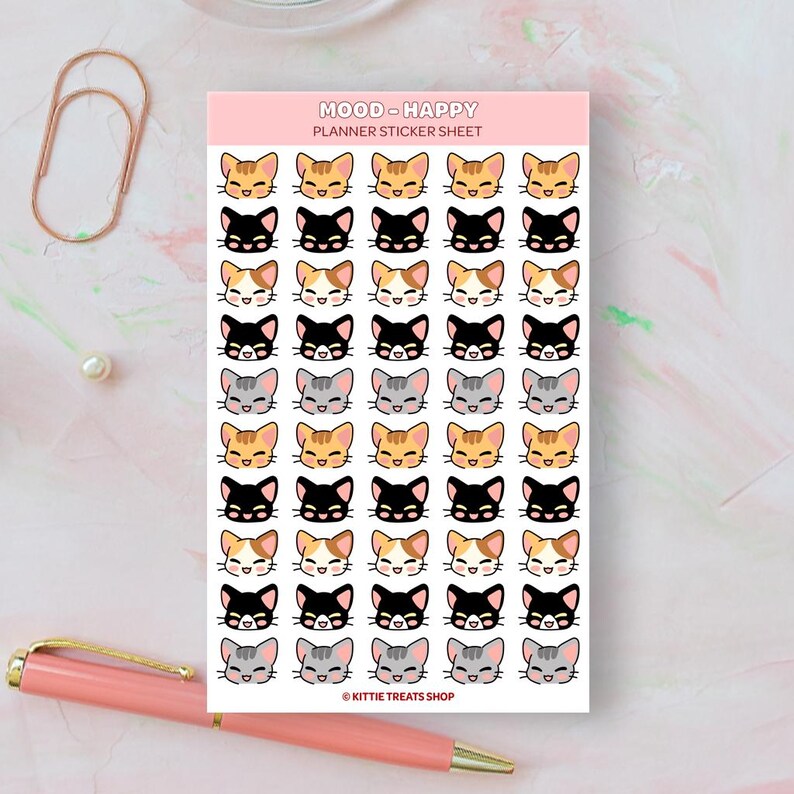 Kawaii Cat Mood Planner Sticker, Emotion Tracker, Emoji Planner Sticker, Mood Tracker, Mood Icons for Planner, Kawaii Emoji Stickers Happy