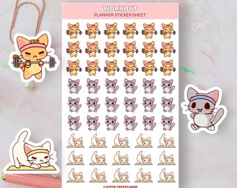 Kawaii Cat Workout Planner Stickers, Workout Reminders, Cute Planner Stickers, Exercise Reminder Icons for Planner, Workout Reminders