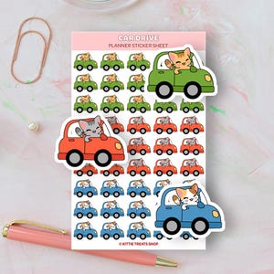 May include: A sheet of planner stickers featuring cute cartoon cats driving cars. The stickers are in various colors, including green, red, and blue. The sheet includes the text "CAR DRIVE PLANNER STICKER SHEET" and "KITTIE TREATS SHOP".