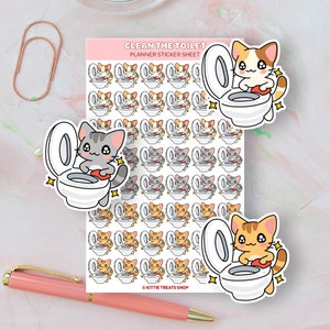 Kawaii Cat Clean the Toilet Planner Stickers, Chore Reminders, Chore Planner Stickers, Cleaning Reminder Icons for Planner, Chore Reminders