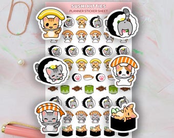 May include: A planner sticker sheet with illustrations of cats as sushi. The stickers feature cats in sushi costumes, with text reading "Sushi Kitties Planner Sticker Sheet" and "Kittie Treats Shop". The stickers are in various colors.