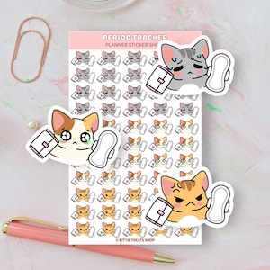 May include: A sheet of planner stickers featuring cartoon cats with different facial expressions holding a pad of sanitary napkins and a pad. The text "PERIOD TRACKER PLANNER STICKER SHEET" is at the top of the sheet. The text "&copy; KITTIE TREATS SHOP" is at the bottom of the sheet.