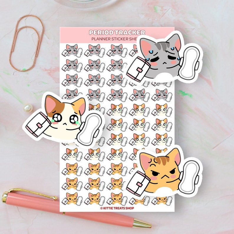 May include: A sheet of planner stickers featuring cartoon cats with different facial expressions holding a pad of sanitary napkins and a pad. The text "PERIOD TRACKER PLANNER STICKER SHEET" is at the top of the sheet. The text "&copy; KITTIE TREATS SHOP" is at the bottom of the sheet.