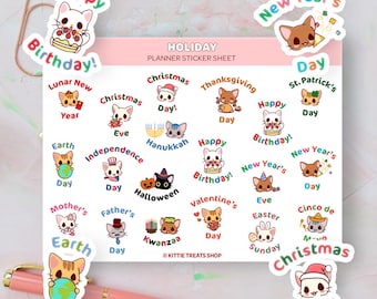 Kawaii Cat Holiday Planner Stickers, US Holiday Reminders, Cute Planner Stickers, Holiday Reminder Icons for Planner