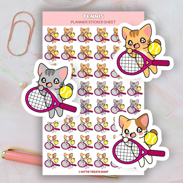 Kawaii Cat Tennis Planner Sticker, Tennis Game Reminders, Cute Planner Stickers, Tennis Reminder Icons for Planner, Tennis Player Sticker