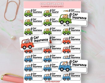 Könnte beinhalten: Eine Planer-Sticker-Tabelle mit Comic-Katzen, die Autos fahren, mit dem Text "Car Insurance". Die Sticker sind in verschiedenen Farben, darunter Grün, Rot und Blau. Die Sticker sind für die Verwendung in einem Planer oder Tagebuch gedacht.