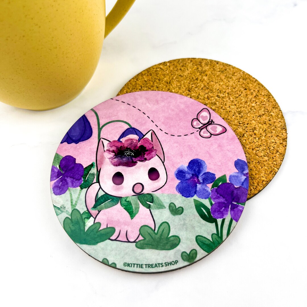 Purple Purrtunia Cat Coaster Set of 2, Kawaii Coaster, Drink Mat, Anime Home Decor, Purple