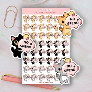 Kawaii Cat No Spend Planner Stickers, No Spend Reminders, Cute Planner Stickers, No Spend Reminder Icons for Planner, Saving Reminders