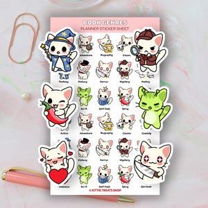 May include: A sticker sheet with 24 different stickers featuring cute cartoon cats representing different book genres. The genres include adventure, biography, classic, fantasy, history, horror, mystery, poetry, sci-fi, self-help, spicy, action, comedy, romance, and spiritual. The stickers are white with black outlines and feature different details to represent each genre.