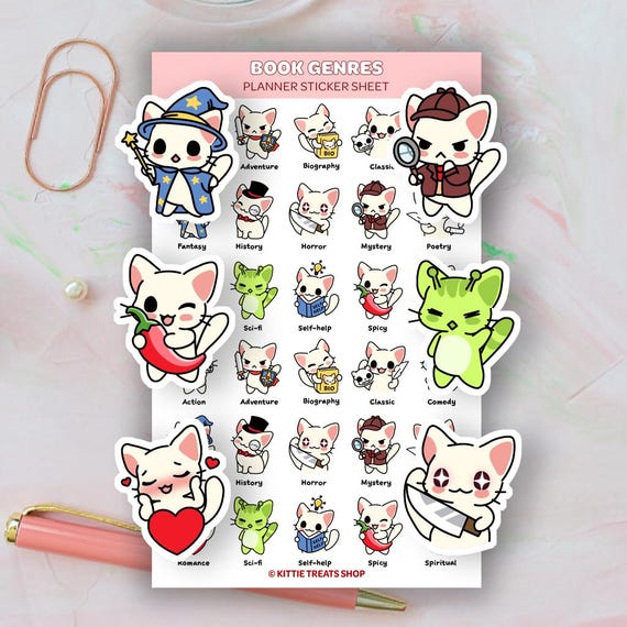 Kawaii Book Genre Planner Stickers, Literature Genre Stickers, Cute Planner Stickers, Genre Stickers, Book Stickers