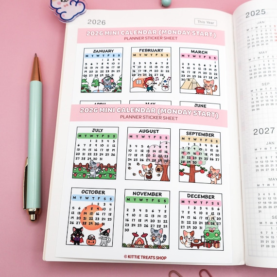 2026 Mini Monthly Calendar Planner Stickers, 2026 Calendar Stickers, Set of 12 Months