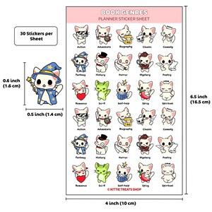 May include: A sheet of 30 planner stickers featuring cute white cats with different book genre themes. The genres include Action, Adventure, Biography, Classic, Comedy, Fantasy, History, Horror, Mystery, Poetry, Romance, Sci-fi, Self-help, Spicy, and Spiritual. The sheet measures 6.5 inches by 4 inches.