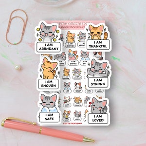 May include: A set of 10 colorful cat stickers with positive affirmations. Each sticker features a cartoon cat with a different message, such as "I am abundant", "I am enough", "I am thankful", "I am strong", "I am safe", and "I am loved".