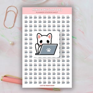 May include: A planner sticker sheet with a pink background features the text "MINI ICONS (LAPTOP)" and "PLANNER STICKER SHEET". The sheet is covered with small gray laptop icons and a larger central image of a white cat using a laptop.