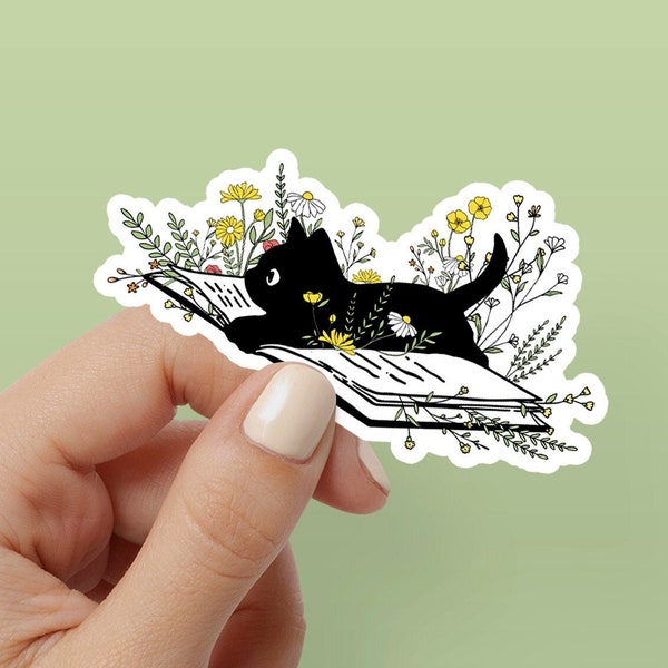 Black Cat Floral Book Sticker - Decal Glossy Sticker for Laptop, Hydroflask, Car, Water Bottle, Skateboard and Phone Case