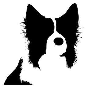 May include: A black and white graphic illustration of a Border Collie dog's face. The dog's ears and fur are black, with white markings on the face. The image is a minimalist design, perfect for dog lovers.