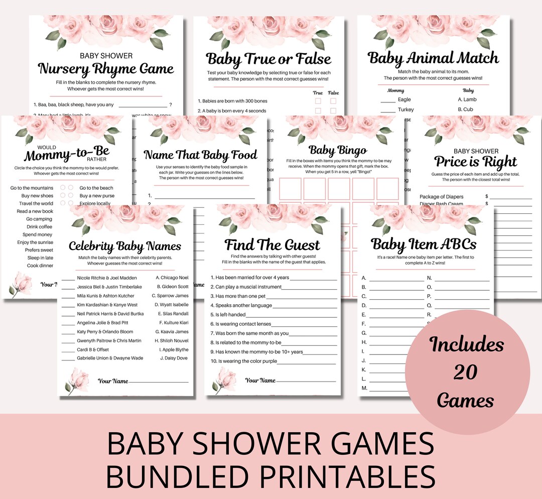 20 Blush Pink Floral Roses Baby Shower Games, Baby Shower Games Printable Baby Shower Prints
