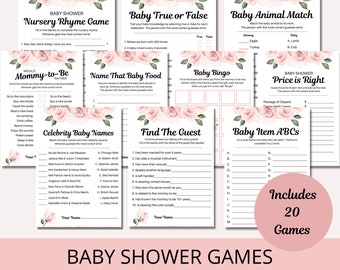 20 Blush Pink Floral Roses Baby Shower Games, Baby Shower Games Printable — Baby Shower Prints — Party Baby Shower Games Bundle