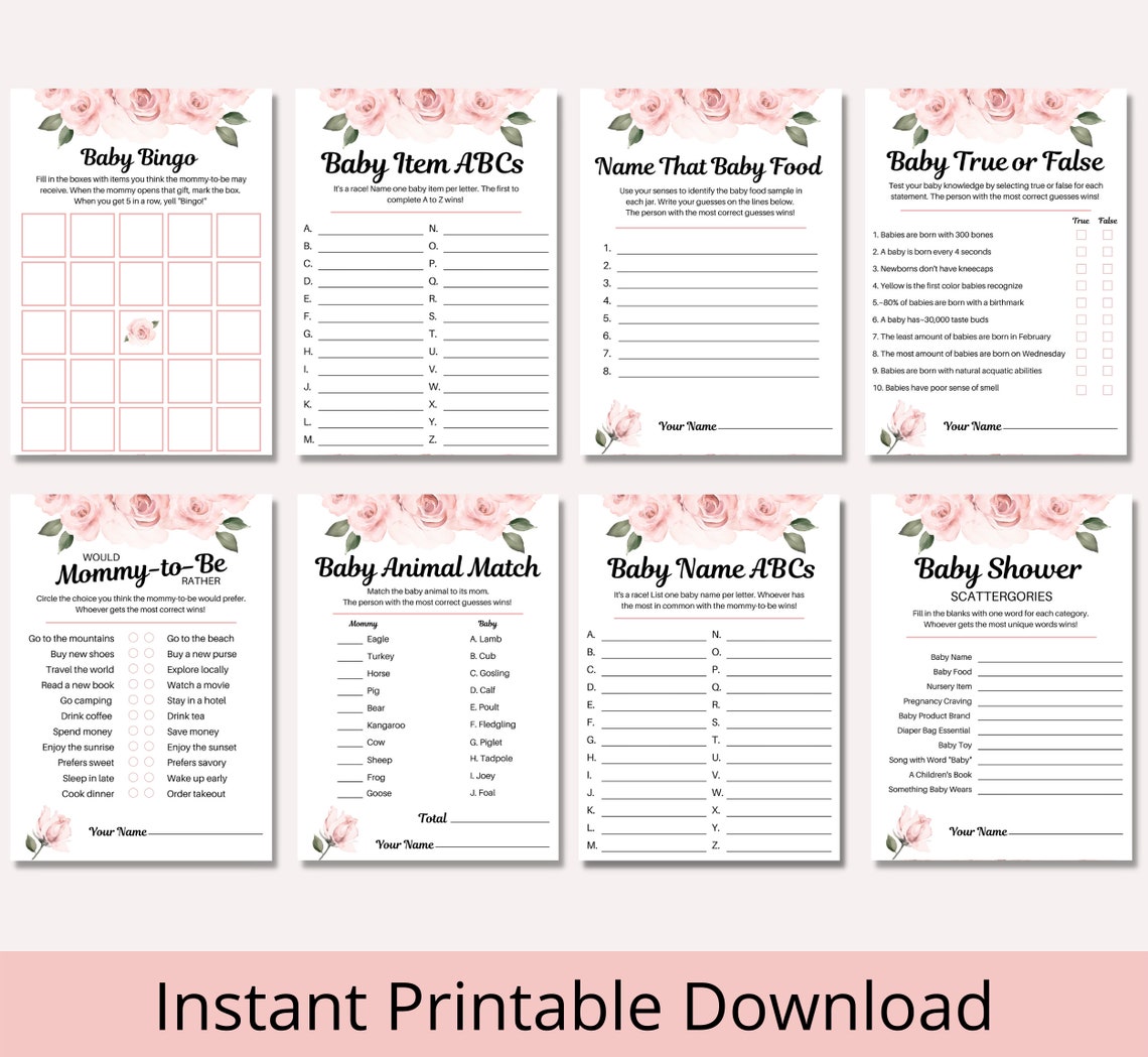 20 Blush Pink Floral Roses Baby Shower Games Baby Shower - Etsy