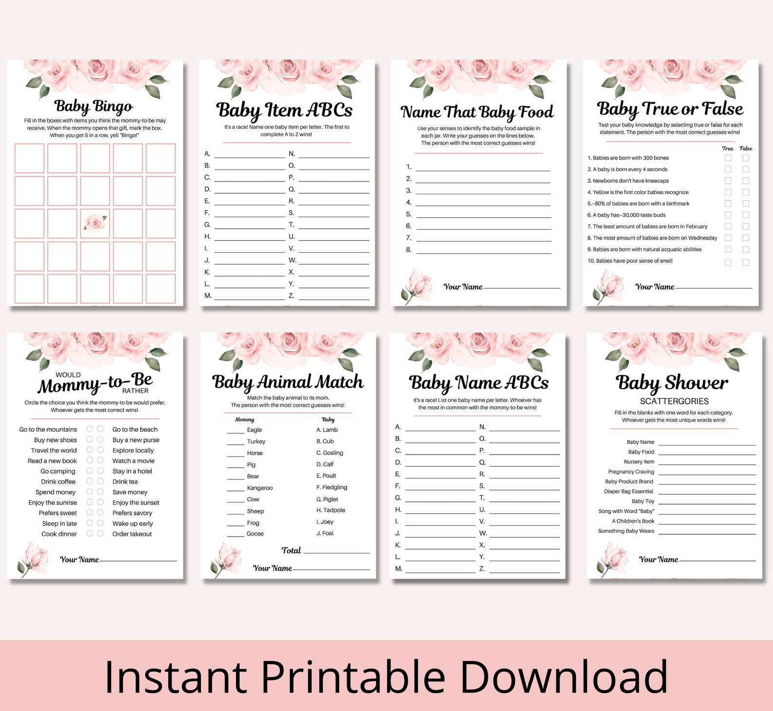 20 Blush Pink Floral Roses Baby Shower Games Baby Shower Etsy