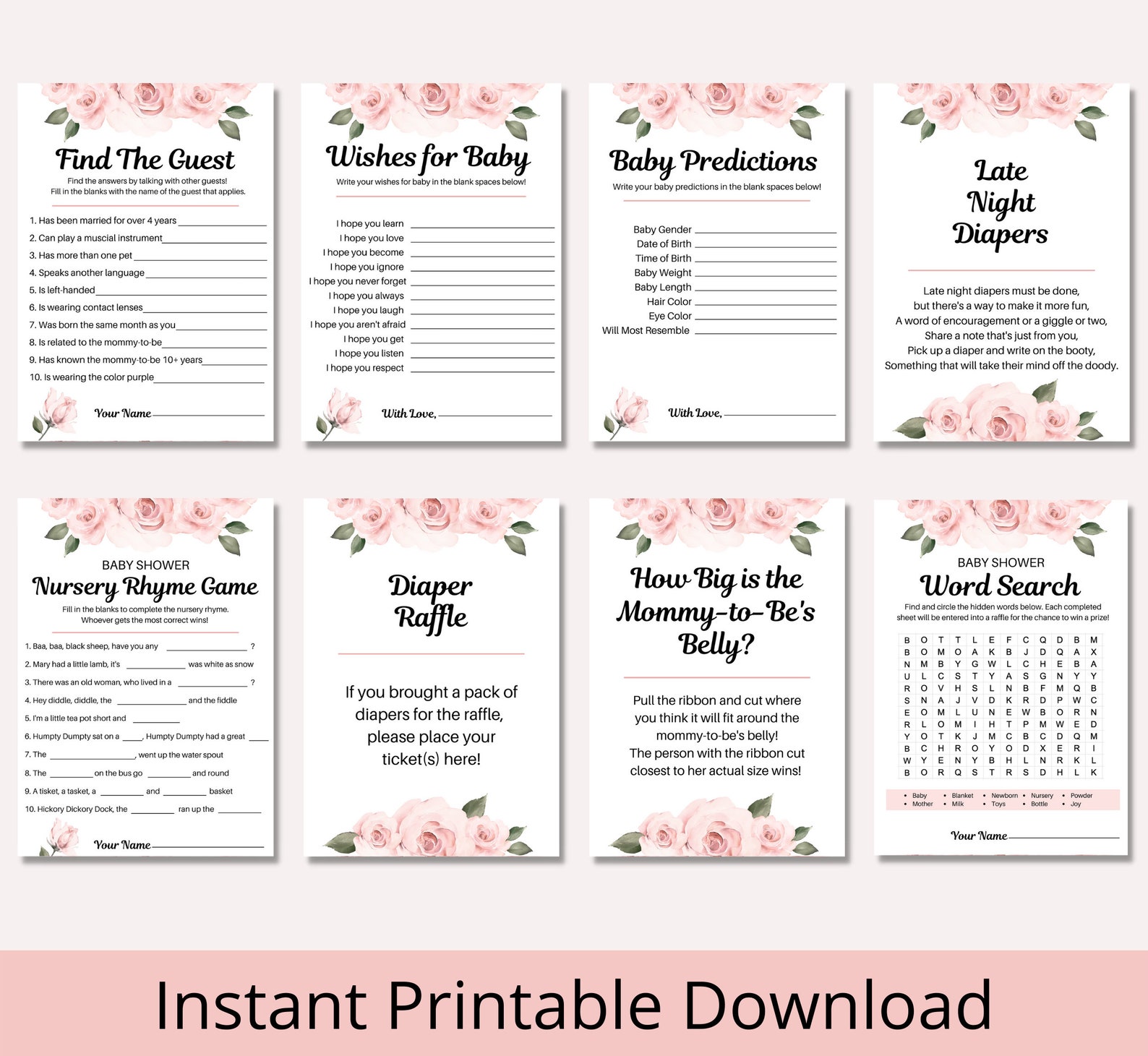 20 Blush Pink Floral Roses Baby Shower Games Baby Shower Etsy