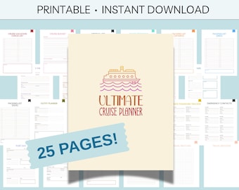 May include: A printable cruise planner with 25 pages. The cover features a yellow, orange, and pink cruise ship illustration with the text "Ultimate Cruise Planner" and "25 Pages!"