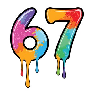 May include: Colorful number graphic featuring the numbers 6 and 7. The numbers are filled with a rainbow of colors, including pink, orange, blue, green, and purple, with a dripping paint effect. Outlined in black, the numbers are on a white background.