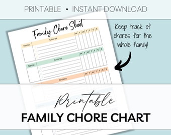 May include: Printable family chore chart with a light blue background. The chart has three sections for names, chores, and days of the week. The chart is designed to help families keep track of chores.