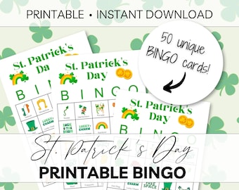 St. Patrick's Day Bingo 50 kort | Utskrivbart St. Patrick's Day Bingospel | Direkt digital nedladdning