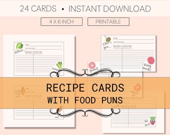Puede incluir: Cartas de recetas imprimibles con juegos de palabras sobre comida. Las tarjetas miden 10,16 x 15,24 cm y presentan ilustraciones de diferentes alimentos con juegos de palabras como "Lettuce" y "Olive You".