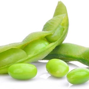May include: Close-up of green edamame pods with several beans visible. The pods are open and the beans are plump and green.